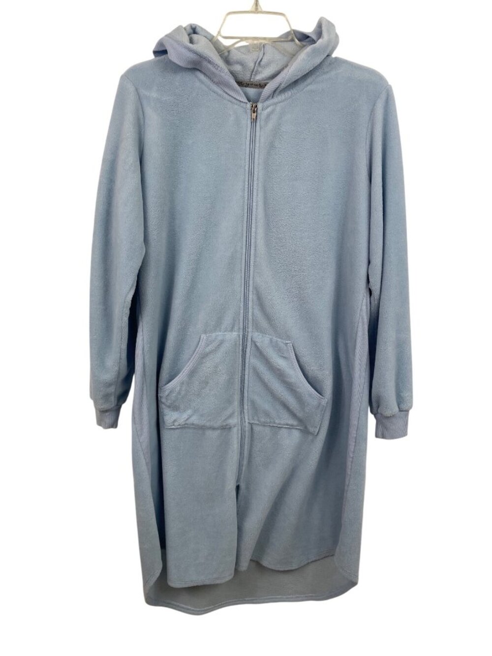 The Original Muk Luks Womens Blue Hooded Fleece Zip-Up Robe With Pockets Size L